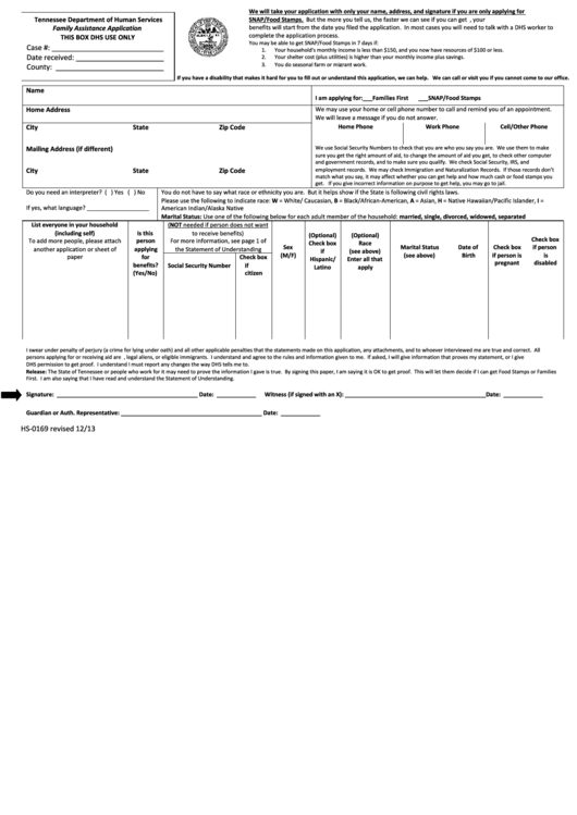 Form Hs-0169 - Family Assistance Application - Tennessee Department Of Human Services Printable pdf