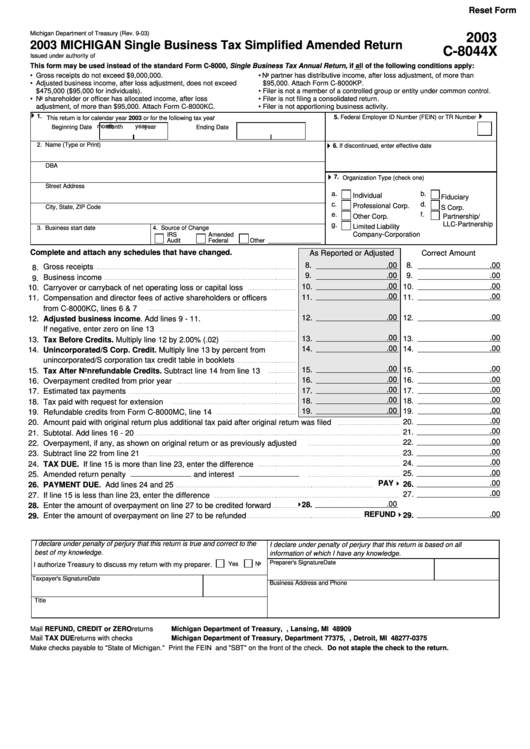 Fillable Form C-8044x - Michigan Single Business Tax Simplified Amended Return - 2003 Printable pdf