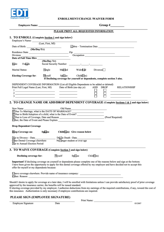 Enrollment/change /waiver Form Printable pdf
