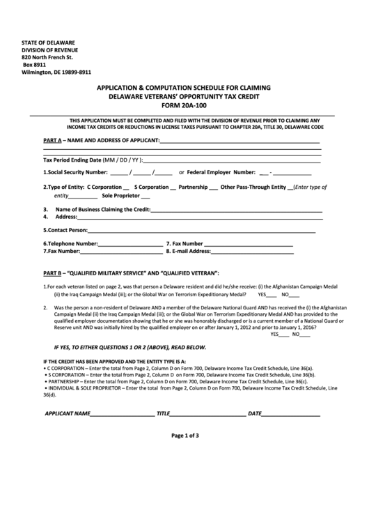 Form 20a-100 - Application & Computation Schedule For Claiming Delaware Veterans