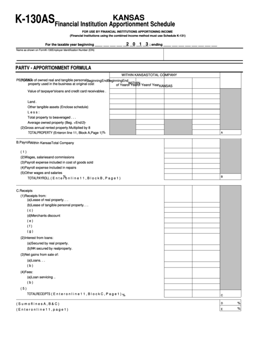 Fillable Form K-130as - Kansas Financial Institution Apportionment Schedule - 2013 Printable pdf