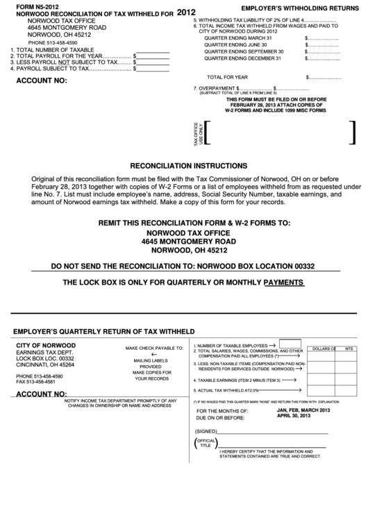 Form N5-2012 - Norwood Reconciliation Of Tax Withheld - 2012 Printable pdf