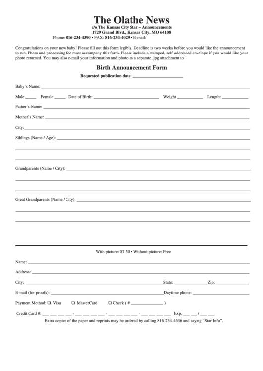 Birth Announcement Form Printable pdf