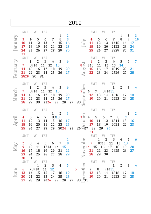 2010 Yearly Calendar Template Printable pdf