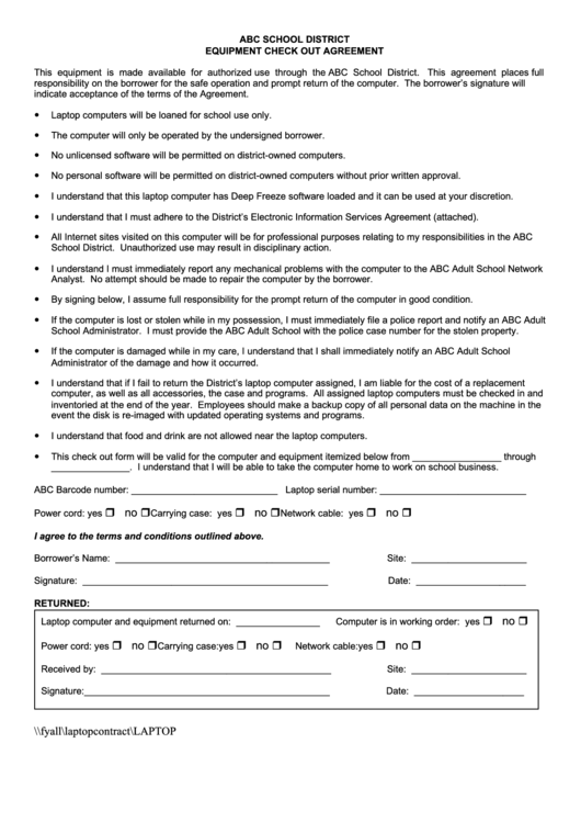 Equipment Check Out Agreement Printable pdf