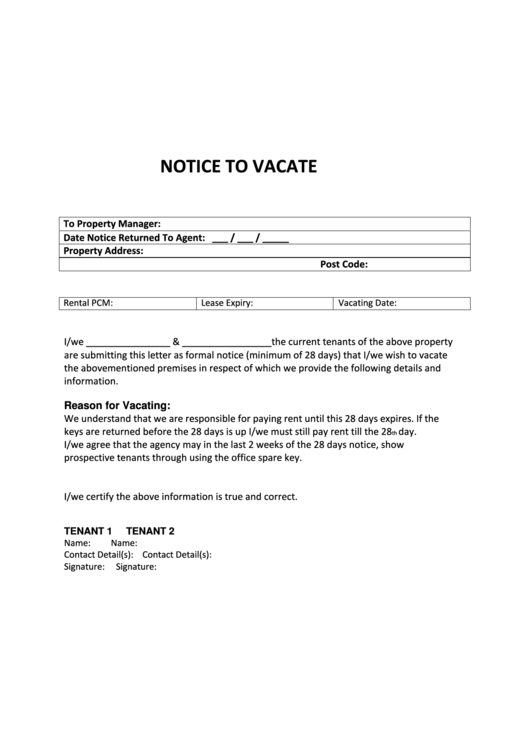 Notice To Vacate Sample Letter Printable pdf