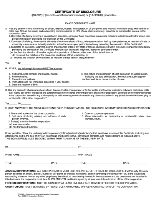 Form Cf:0022 - Certificate Of Disclosure - 2012 Printable pdf