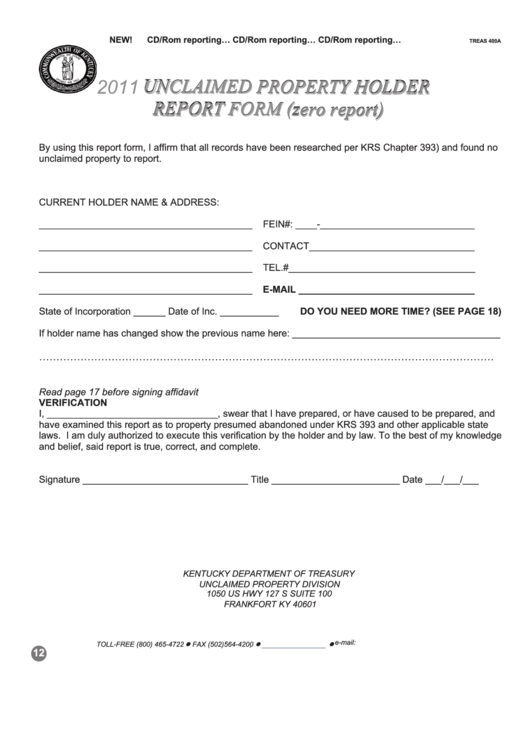 Form Treas 400a - Unclaimed Property Holder Report Form (Zero Report) - 2011 Printable pdf