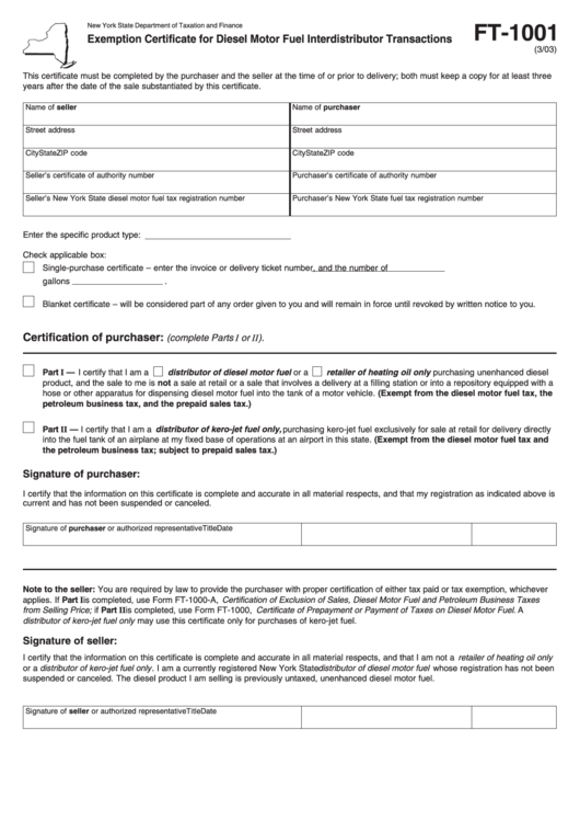 Form Ft-1001 - Exemption Certificate For Diesel Motor Fuel Interdistributor Transactions - Nys Department Of Taxation Printable pdf