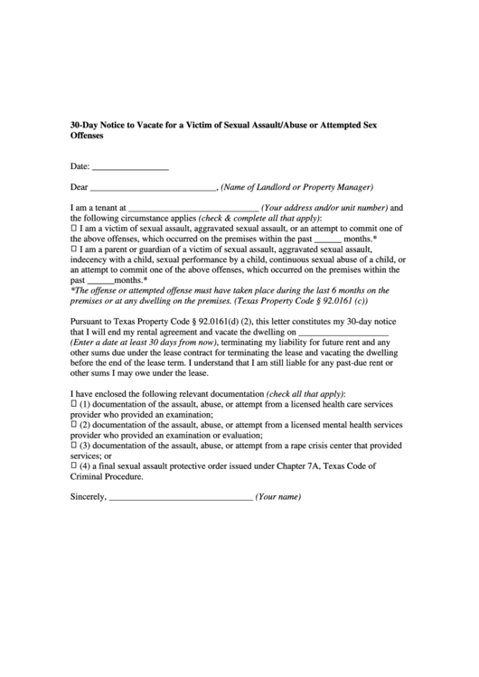 30-Day Notice To Vacate For A Victim Of Sexual Assault/abuse Or Attempted Sex Offenses Printable pdf