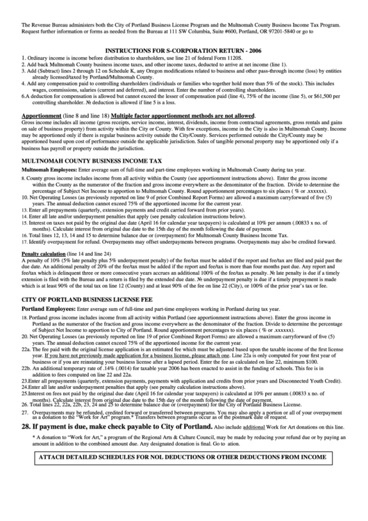 Instructions For S-Corporation Return - Average Sum Of Employees Worksheet - City Of Portland Revenue Bureau - 2006 Printable pdf