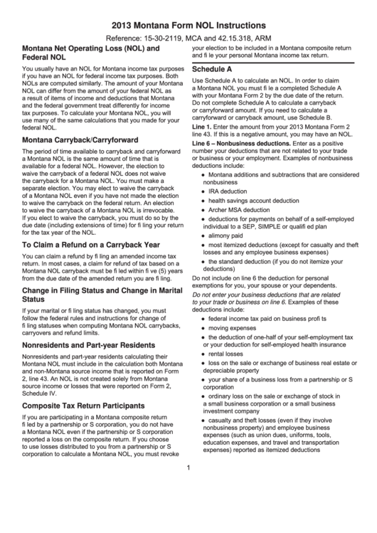 Montana Form Nol Instructions - Montana Net Operating Loss (Nol) And Federal Nol - 2013 Printable pdf