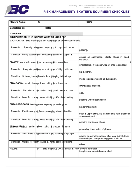 Bc Hockey Equipment Checklist Template Printable pdf