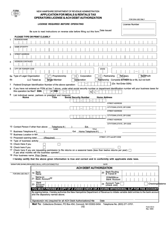 Form Cd-3 - Application For Meals & Rentals Tax Operators License & Ach Debit Authorization Printable pdf