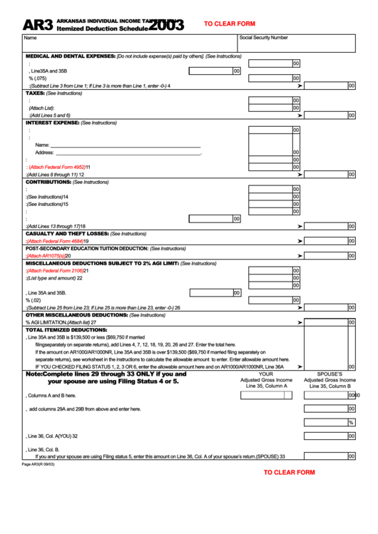 Fillable Form Ar3 - Arkansas Individual Income Tax Return - Itemized Deduction Schedule - 2003 Printable pdf