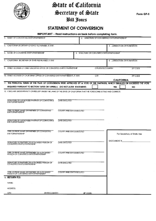 Form Gp-5 - Statement Of Conversion - California Secretary Of State Printable pdf