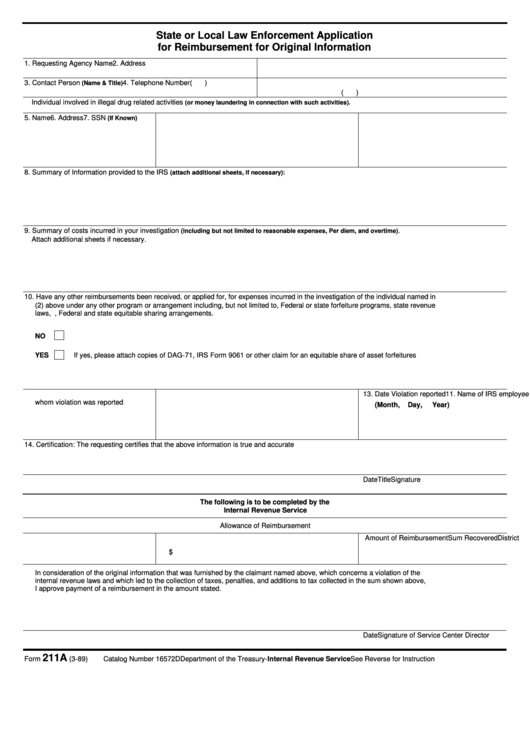 Fillable Form 211a - State Or Local Law Enforcement Application For Reimbursement For Original Information Printable pdf