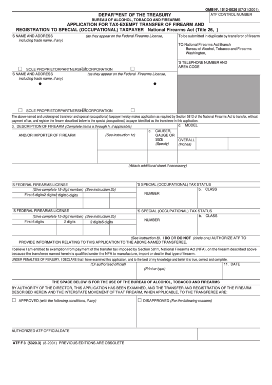 Form Atf F 3 (5320.3) - Application For Tax-Exempt Transfer Of Firearm And Registration To Special (Occupational) Taxpayer Printable pdf