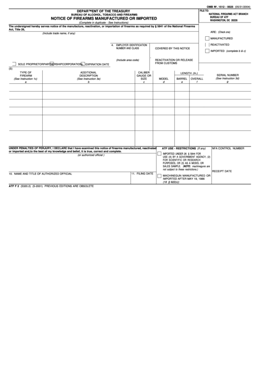 Form Atf F2 (5320.2) - Notice Of Firearms Manufactured Or Imported Printable pdf