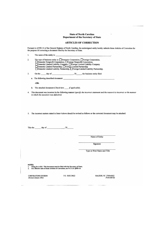 Form Be-02 - Articles Of Correction - North Carolina Department Of The Secretary Of State Printable pdf