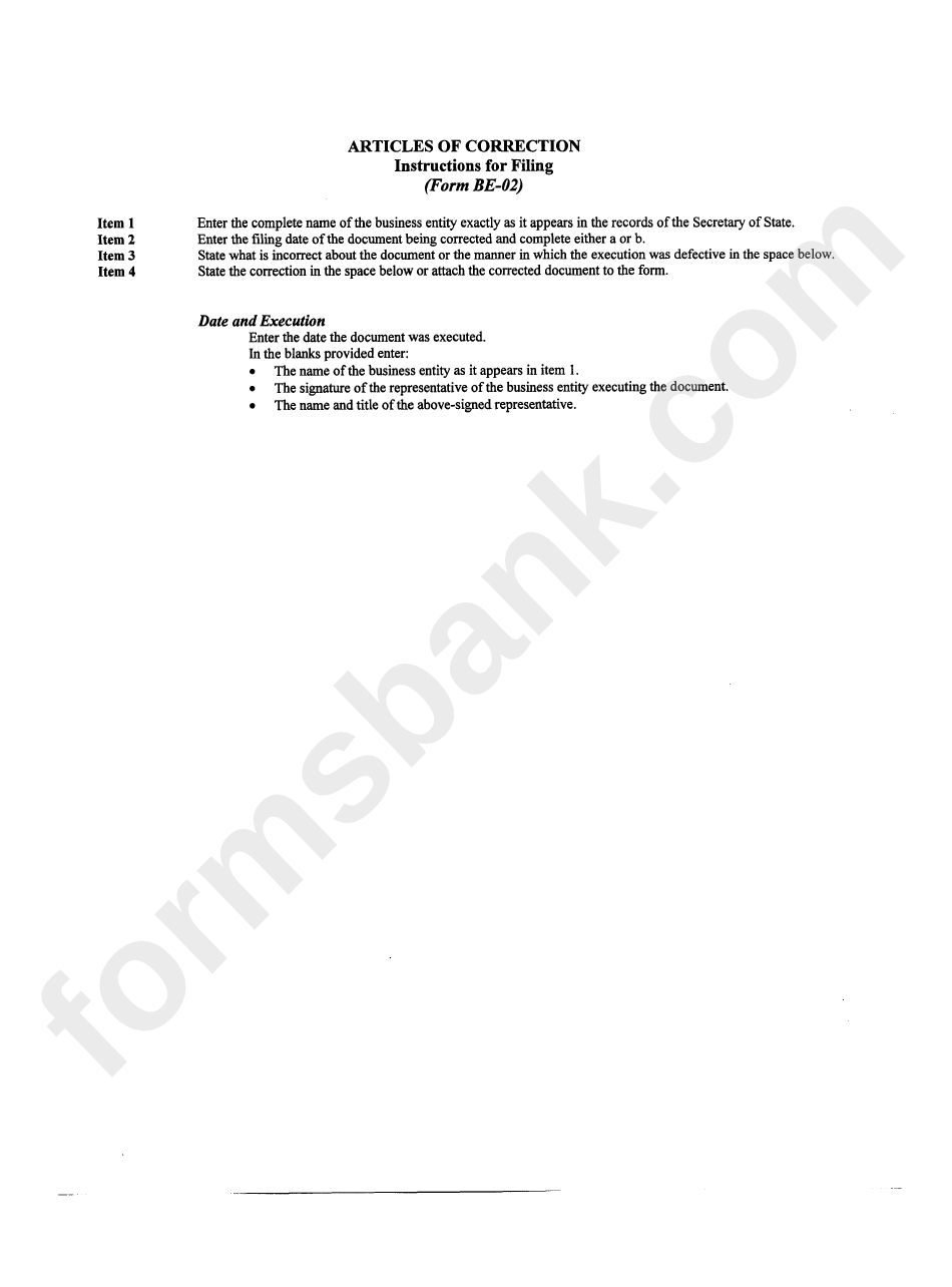 Form Be-02 - Articles Of Correction - North Carolina Department Of The Secretary Of State