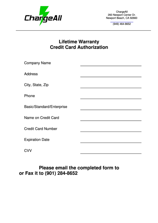 Lifetime Warranty Credit Card Authorization Printable pdf