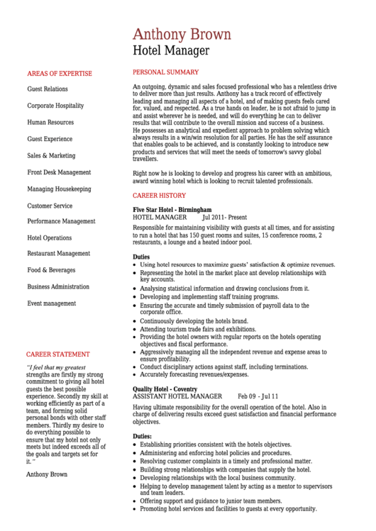 Hotel Manager Resume Template Printable pdf