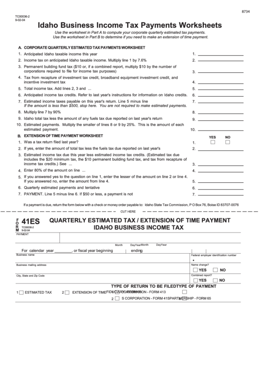 Fillable Form Tc00036-2 - Idaho Business Income Tax Payments Worksheets - 2004 Printable pdf
