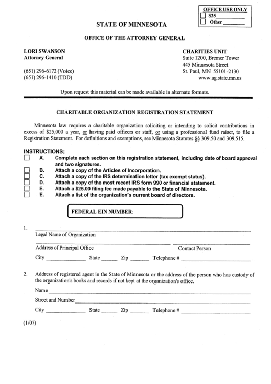 Chartitable Organization Registration Statement - Minnesota Office Of Attorney General Printable pdf