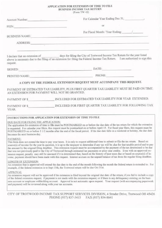 Form Tw-42 - Application For Extension Of Time To File Business Income Tax - City Of Trotwood Printable pdf