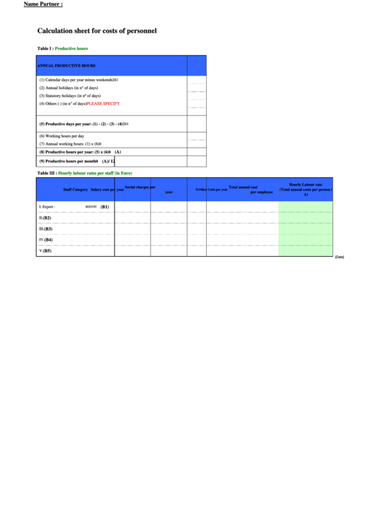 Calculation Sheet For Costs Of Personnel Printable pdf