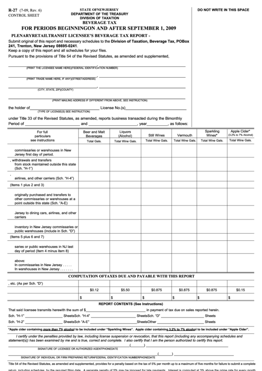 Form R-27 - Beverage Tax For Periods Beginning On And After September 1, 2009 Printable pdf
