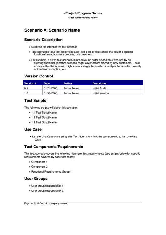 Test Scenario Template Printable pdf