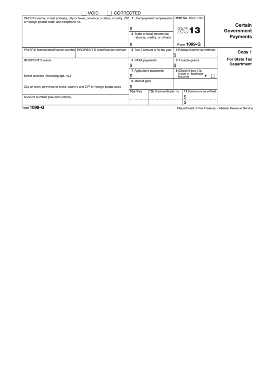 Form 1099-G - Certain Government Payments - 2013 Printable pdf