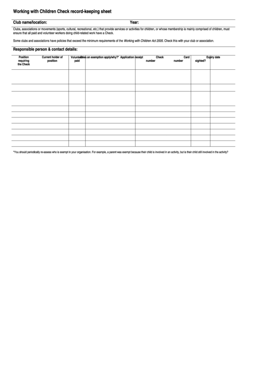 Working With Children Check Record-Keeping Sheet Printable pdf