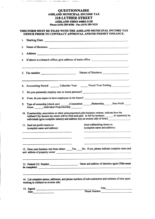 Questionnaire - Ashland Municipal Income Tax Printable pdf