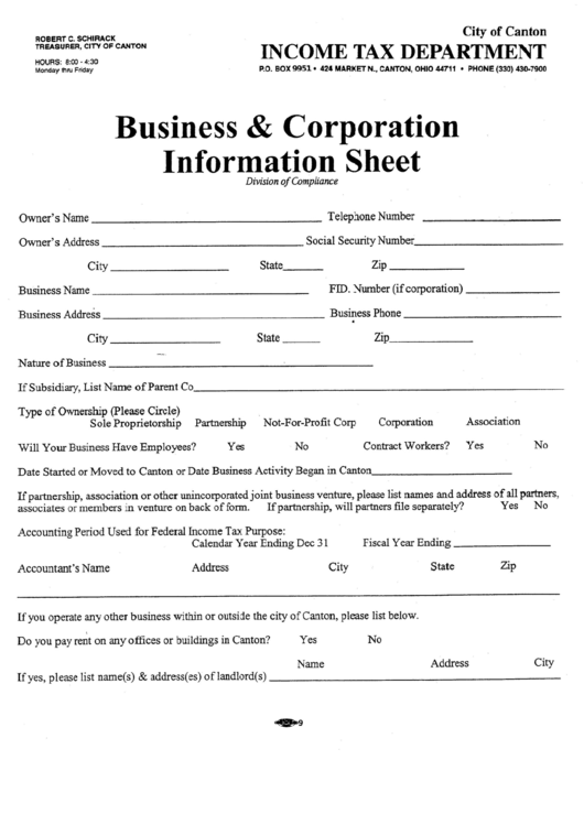 Business And Corporation Information Sheet - City Of Canton Printable pdf