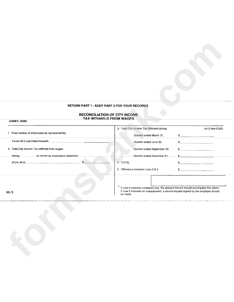 Form W-3 - Reconciliation Of City Income Tax Withheld From Wages - Carey