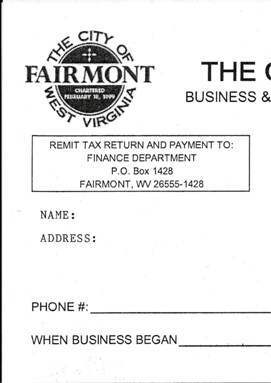 Business & Occupation Tax Return - City Of Fairmont, West Virginia Printable pdf