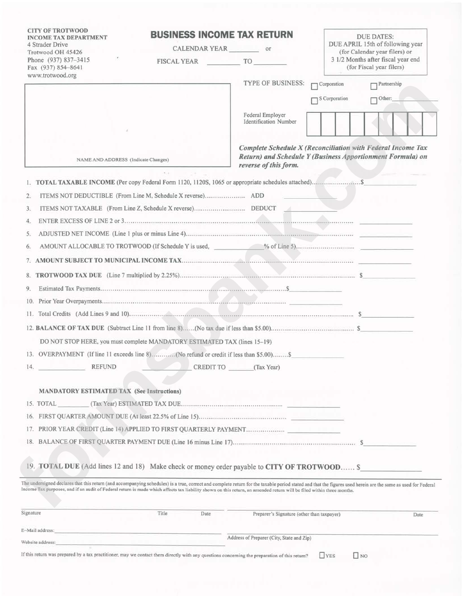 Business Tax City Of Trotword, Ohio printable pdf download
