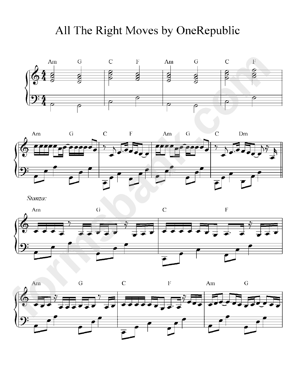 One Republic - All The Right Moves Sheet Music