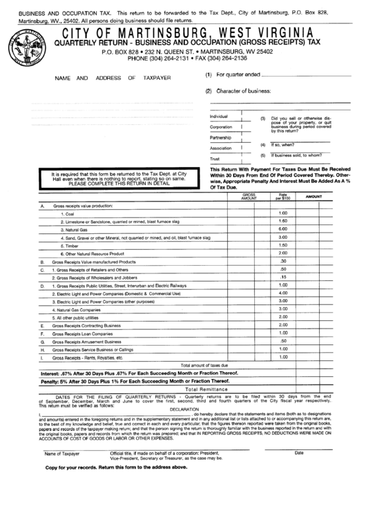 Quarterly Return - Business And Occupation(Gross Receipts) Tax - City Of Martinsburg, West Virginia Printable pdf