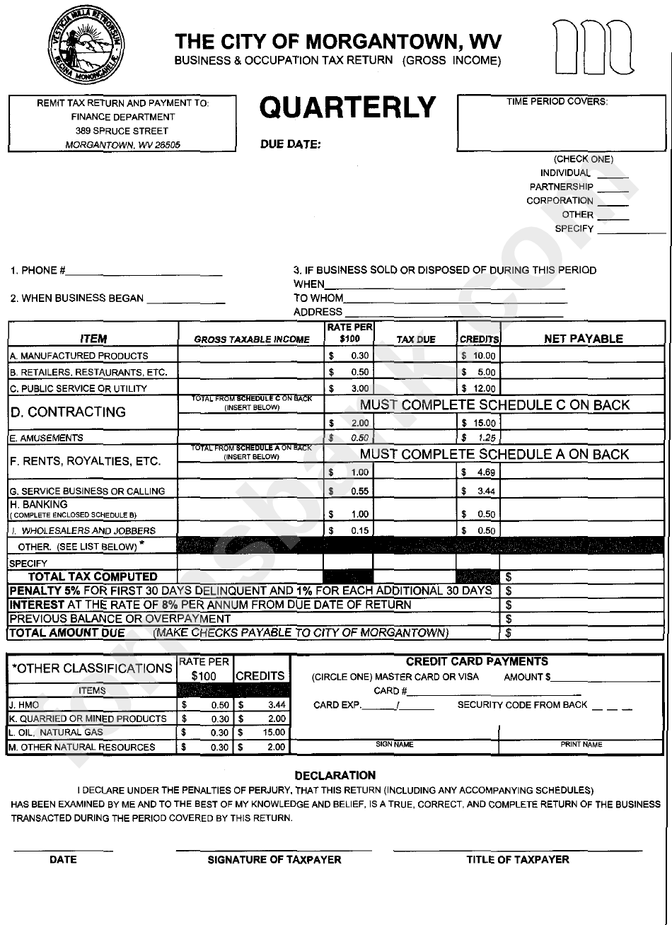 Business & Occupation Tax Return(Gross Income) - City Of Morgantown, West Virginia