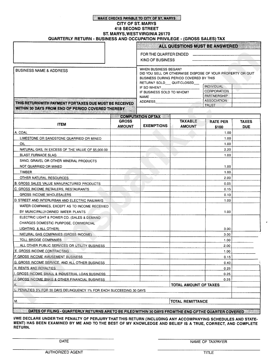 Quarterly Return - Business & Occupation Privilege(Gross Sales) Tax - City Of St. Marys, West Virginia