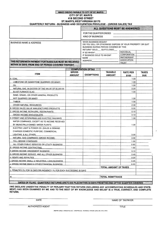 Quarterly Return - Business & Occupation Privilege(Gross Sales) Tax - City Of St. Marys, West Virginia Printable pdf