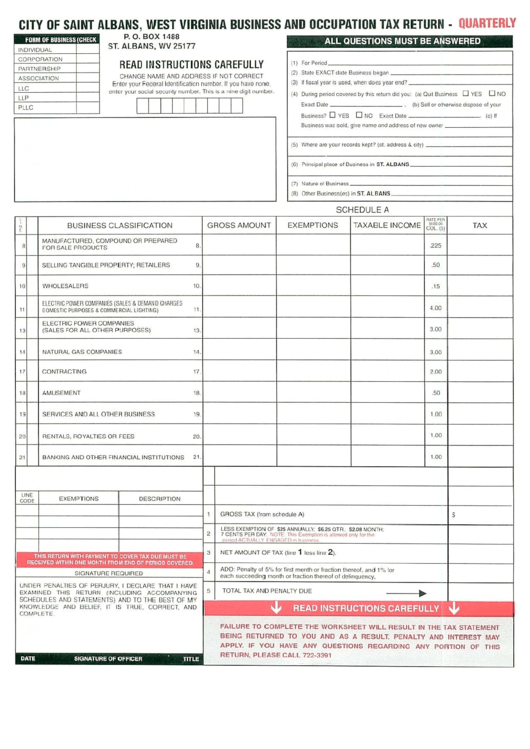 Business & Occupation Tax Quarterly Return - City Of Saint Albans, West Virginia Printable pdf
