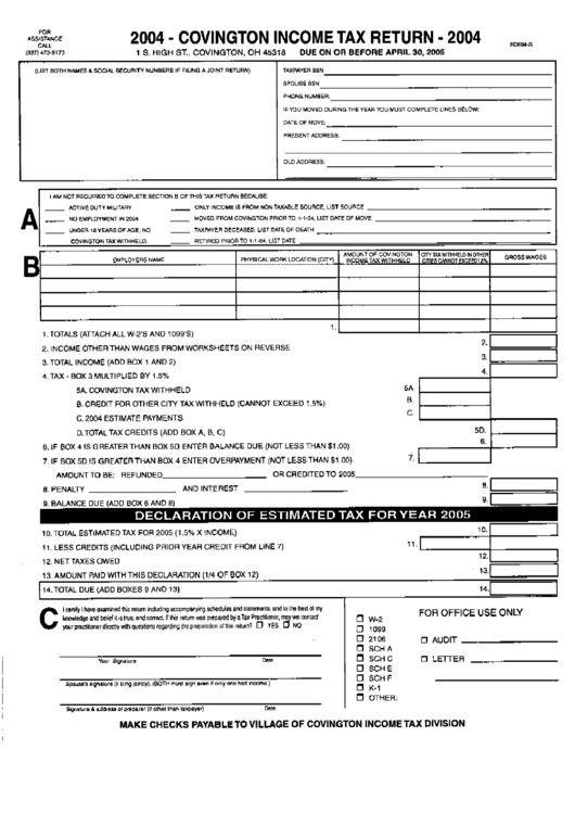 Form-R - Covington Income Tax Return - State Of Ohio - 2004 Printable pdf