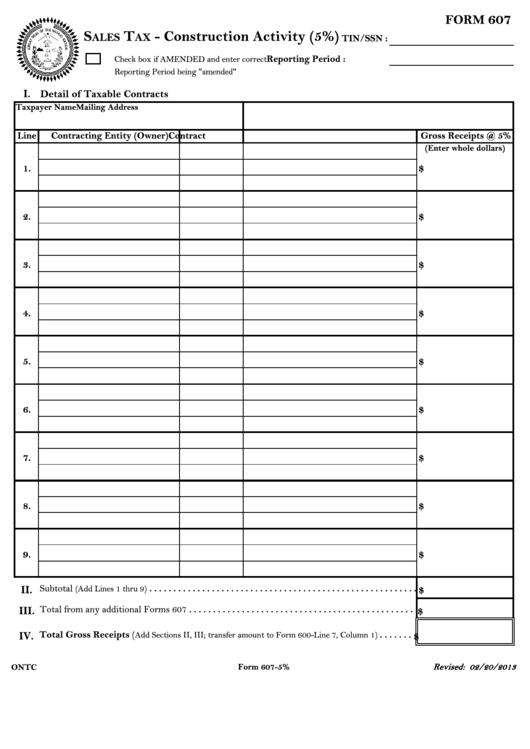 Form 607 - Sales Tax - Construction Activity (5%) - Great Sea Of The Navajo Nation Printable pdf