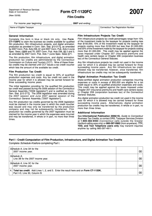 Form Ct-1120fc - Film Credits - Connecticut Department Of Revenue Services - 2007 Printable pdf