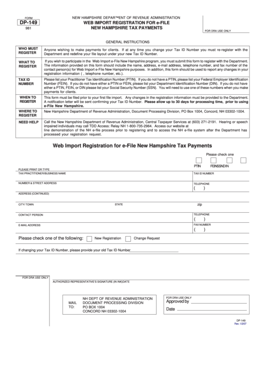 Form Dp-149 - Web Import Registration For E-File New Hampshire Tax Payments - New Hampshire Department Of Revenue Administration Printable pdf